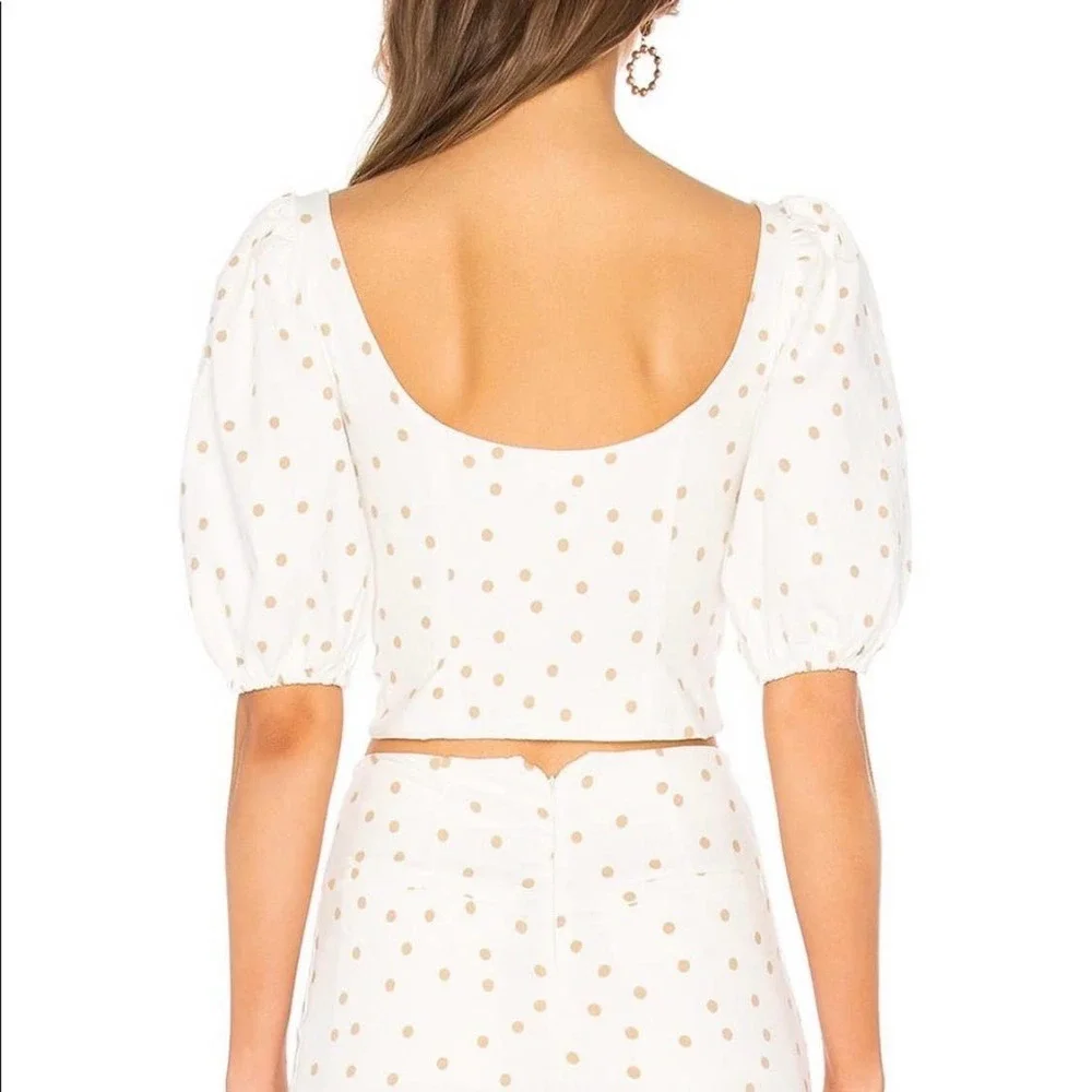 LPA Shirt Womens Medium White Linen Puff Sleeve Crop Top Button Front Polka Dot - Picture 2 of 14